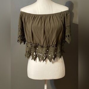 Charlotte Russe Khaki Off-Shoulder Lace Crop Top